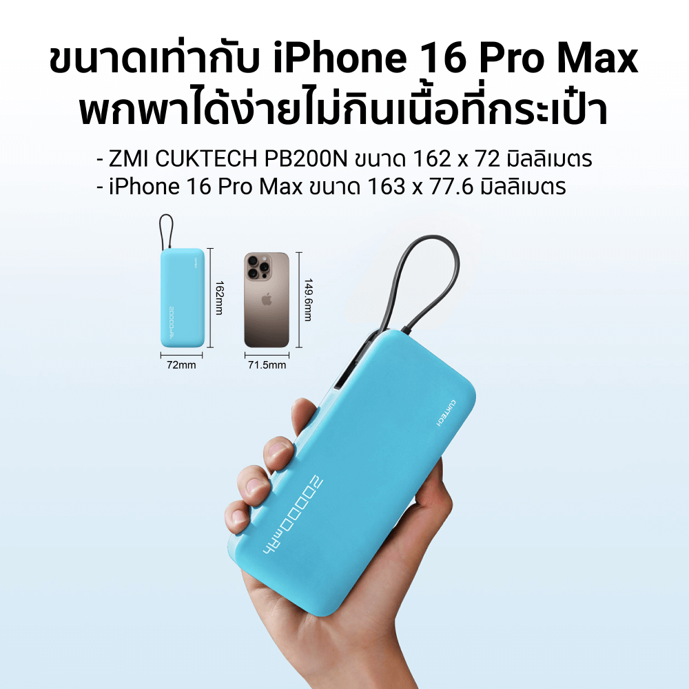 แบตเตอรี่สำรอง CUKTECH AURA PB200N 20000 mAh สีฟ้า จ่ายไฟรวมสูงสุด 55W